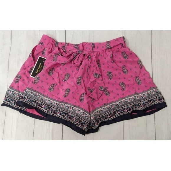 𝅺JUICY COUTURE Silk pink hilt boho paisley shorts tie belt summer - Picture 5 of 8